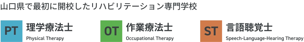 山口県で最初に開校したリハビリテーション専門学校。理学療法士（PT）、作業療法士（OT）、言語聴覚士（ST）
